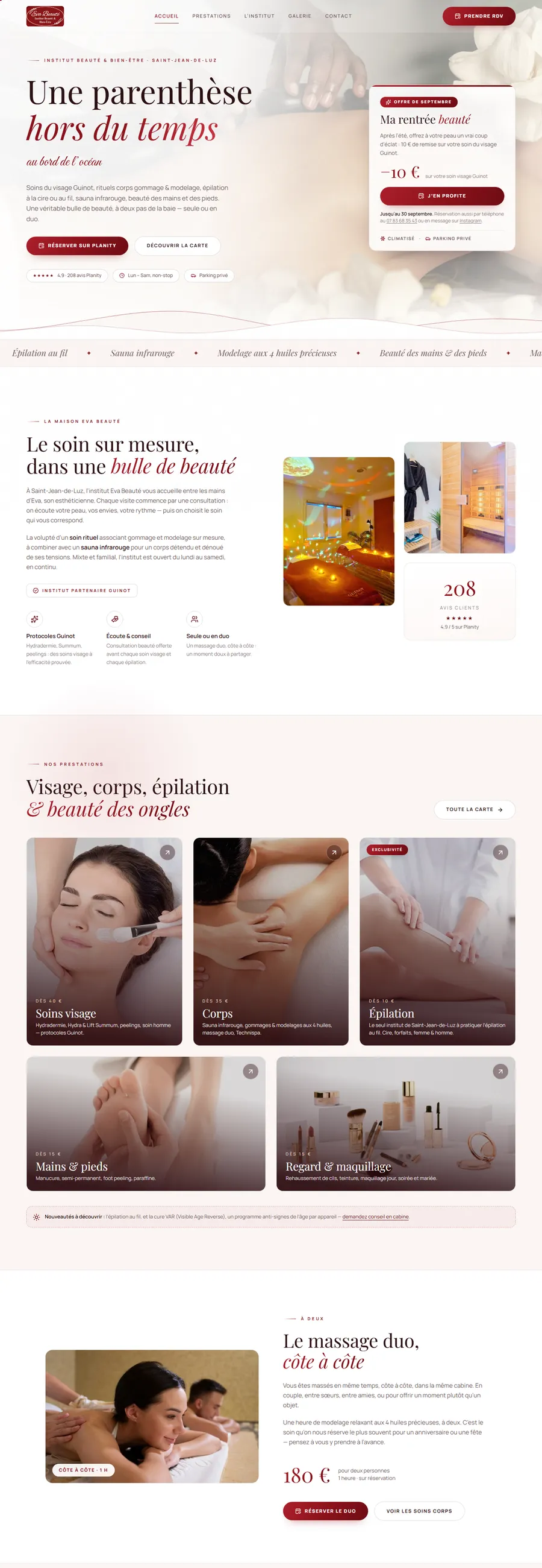 Le site Eva Beauté, de haut en bas
