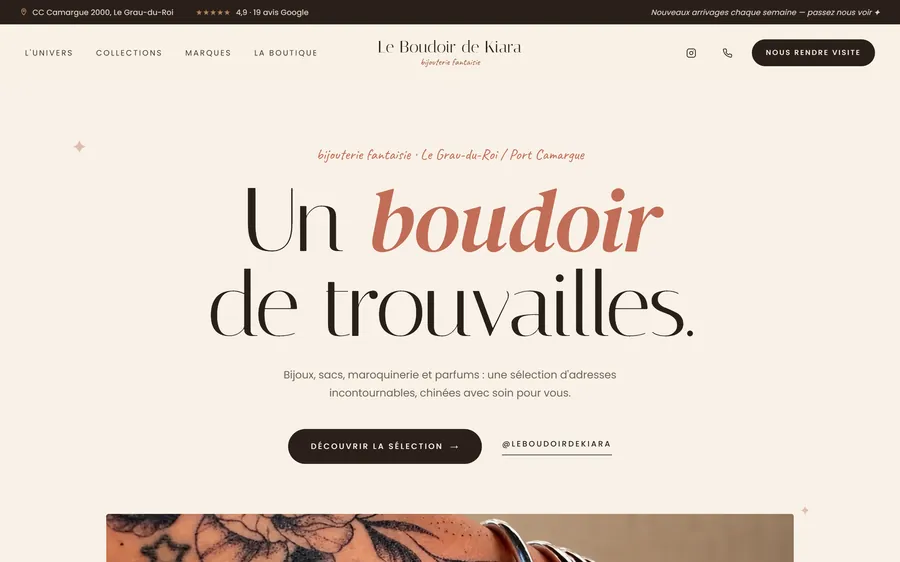 Capture d'écran de la page d'accueil du site Le Boudoir de Kiara — bijouterie fantaisie
